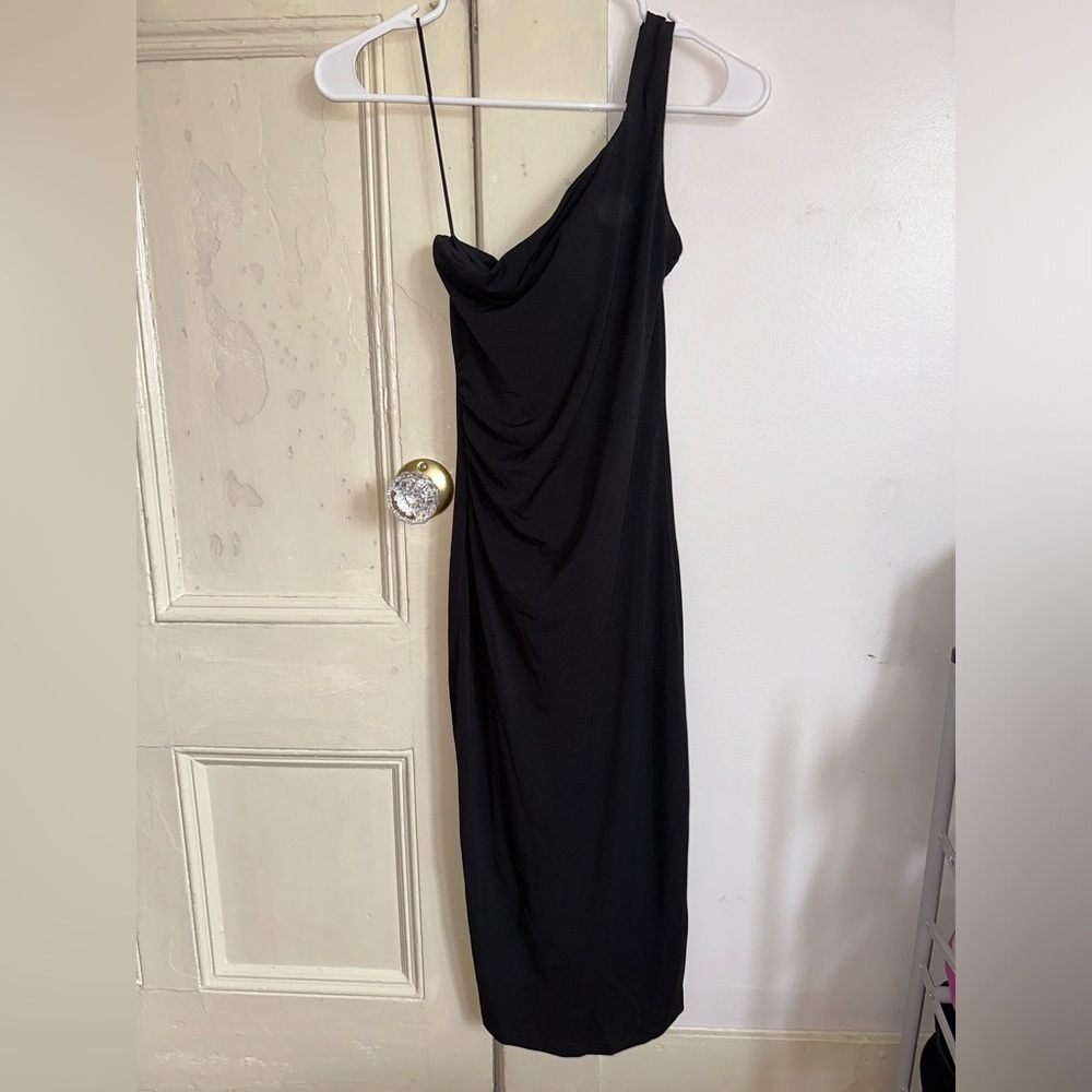 Showpo off the shoulder black slim midi cocktail hour dress